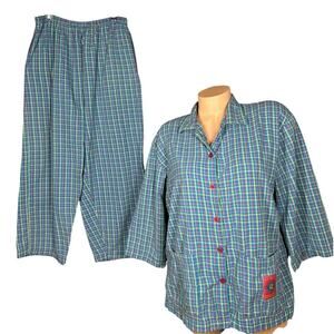 Vtg 80s 90s Esleep Plaid Capri Button Down Shirt 2 Piece Pajama Set Womens Sz M